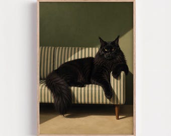 Black Maine Coon Wall Art, Luxury Cat Print, Elegant Cat Decor, Moody Pet Portrait, Sophisticated Cat Artwork