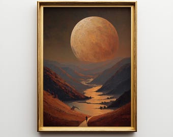 Valle del río iluminado por la luna con una luna gigante naciente, arte surrealista, póster de paisaje fantástico