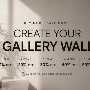 The image is an advertisement for creating a gallery wall, offering various discounts and deals for purchasing items.
