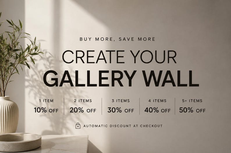 The image is an advertisement for creating a gallery wall, offering various discounts and deals for purchasing items.