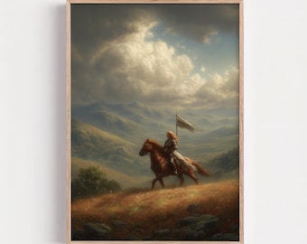 Woman Riding Horse Poster, Fantasy Landscape Wall Art, Medieval Knight Print