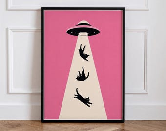 Funny Space Cat UFO Wall Art, Pink Dopamine Decor, Alien Cat Digital Download