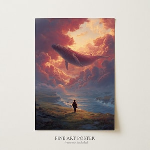 Impresión de arte surrealista, pintura surrealista onírica de ballena en el cielo / Decoración de pared imagen 2