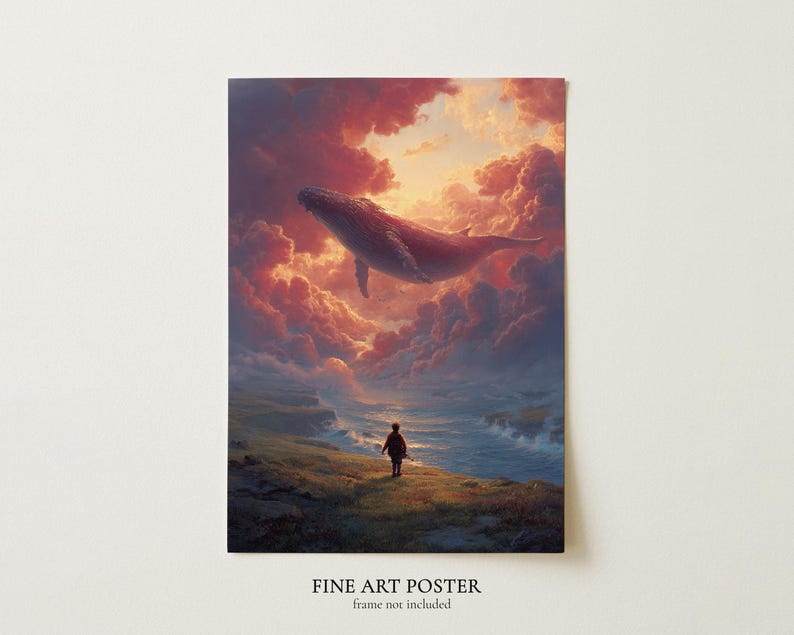 Impresión de arte surrealista, pintura surrealista onírica de ballena en el cielo / Decoración de pared imagen 2