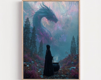 Dragon & Witch Wall Art, Dark Fantasy Poster, Magical Forest Decor