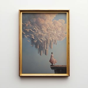 Kvinna på klippa under flytande stad, surrealistisk väggdekor, drömlikt konstverk, digital nedladdningsbar konst