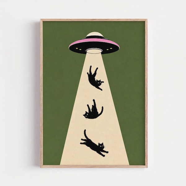 Alien Cat Art, UFO Humor Decor, Retro Sci Fi Illustration, Funny Space Aesthetic