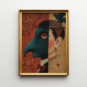 Portret met gespleten gezicht met vogelmasker en Victoriaanse hoed, surrealistische kunst, surrealistische kunstafdruk