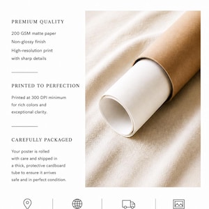 Puede incluir: Un p&oacute;ster blanco enrollado sobre un fondo de tela beige claro. El texto dice POSTER PRINTED FOR YOU, PREMIUM QUALITY, 200 GSM matte paper, PRINTED TO PERFECTION, 300 DPI, CAREFULLY PACKAGED, PRINTED LOCALLY, FREE WORLDWIDE SHIPPING, PRODUCTION & DELIVERY, FRAME NOT INCLUDED.