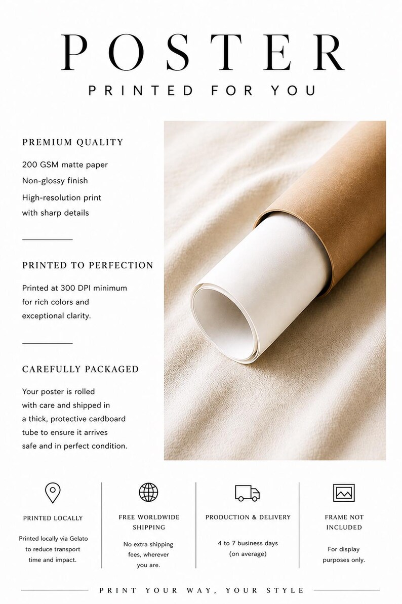 Puede incluir: Un p&oacute;ster blanco enrollado sobre un fondo de tela beige claro. El texto dice POSTER PRINTED FOR YOU, PREMIUM QUALITY, 200 GSM matte paper, PRINTED TO PERFECTION, 300 DPI, CAREFULLY PACKAGED, PRINTED LOCALLY, FREE WORLDWIDE SHIPPING, PRODUCTION & DELIVERY, FRAME NOT INCLUDED.