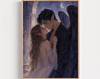 Dark Romantasy Poster, Fantasy Elf Couple Print, Fairy Romance Art, Booktok Bedroom Decor