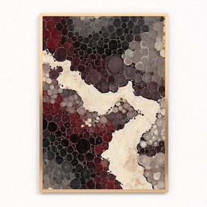 May include: Abstract art print with a wooden frame. The artwork features a pattern of overlapping circles in shades of burgundy, gray, and black, with a cream-colored, flowing shape through the center. The overall effect is a textured, modern design.