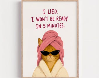 Funny Cat Bathroom Print, Funky Pink Wall Art, Quirky Feminine Spa Decor