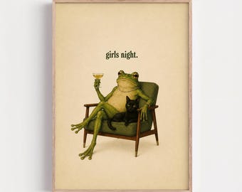 Funny Quirky Frog Wall Art, Funky Eclectic Black Cat Poster,