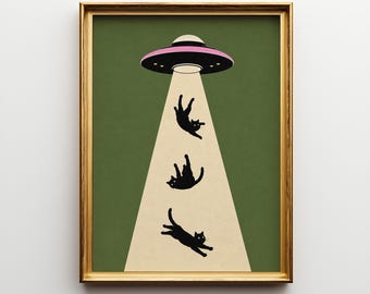UFO Cat Illustration, Space Humor Artwork, Retro Alien Aesthetic, Minimal Sci Fi Style