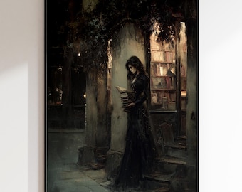 Dark Academia Feminine Portrait Wall Art, Moody Victorian Decor, Dark Fantasy Artwork, Gift for Book Lovers