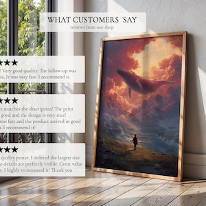 Impresión de arte surrealista, pintura surrealista onírica de ballena en el cielo / Decoración de pared imagen 9