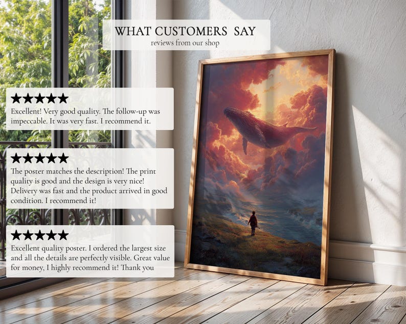 Impresión de arte surrealista, pintura surrealista onírica de ballena en el cielo / Decoración de pared imagen 9