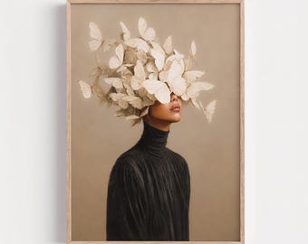 Abstract Earth Tones Feminine Wall Art, Surreal Butterfly Portrait, Neutral Beige Poster, Modern Minimalist Decor