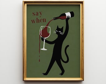 Funny Wine Cat Print, Quirky Black Cat Poster, Dopamine Decor Wall Art, Maximalist Cat Artwork