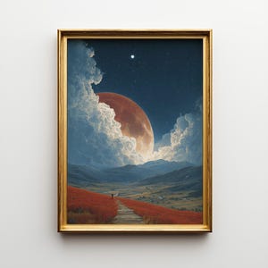 Path Through Red Field Leading To Giant Moon Landscape, Surreal Art, Fantasy Wall Poster