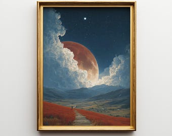 Sendero a través de un campo rojo que conduce a un paisaje lunar gigante, arte surrealista, póster de pared de fantasía.
