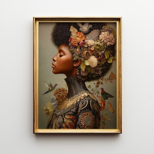 Black Woman Profile with Floral Hair and Birds, Surrealist Art, Surreal Wall Art