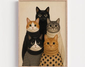 Cute Cat Wall Art, Cozy Cat Portrait Print, Whimsical Cat Family Poster, Neutral Cat Decor, Scandinavian Animal Wall Art