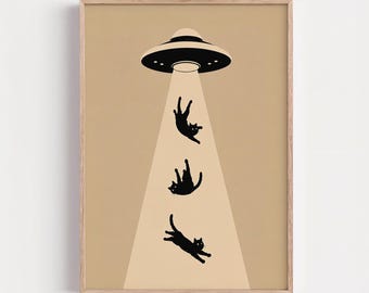 UFO Cat Digital Download, Alien Abduction Wall Art, Funny Black Cat Print, Sci Fi Home Decor