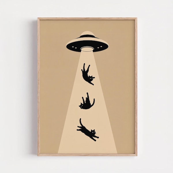 UFO Cat Poster, Alien Abduction Wall Art, Funny Black Cat Print, Sci Fi Home Decor