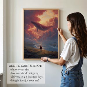 Impresión de arte surrealista, pintura surrealista onírica de ballena en el cielo / Decoración de pared imagen 10