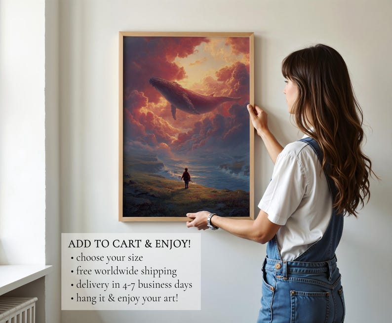Impresión de arte surrealista, pintura surrealista onírica de ballena en el cielo / Decoración de pared imagen 10