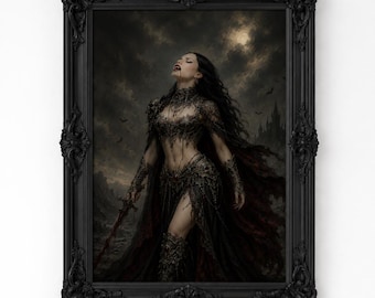 Arte mural de la reina vampiro, póster de mujer de fantasía oscura, lámina de guerrera gótica femenina.