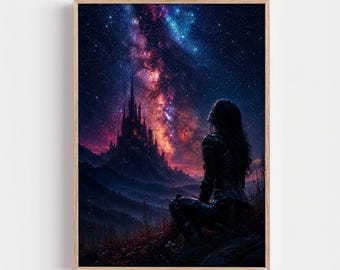 Fantasy Castle Wall Art, Dark Fantasy Landscape, Celestial Sky Print, Gothic Castle Poster, Fantasy Decor