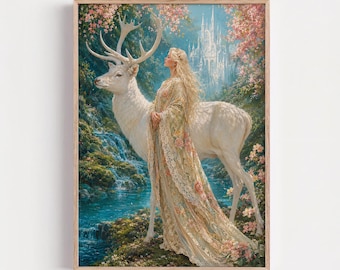 Whimsical Princess & Deer Wall Art, Enchanted Forest Artwork, Fantasy Fairy Castle Poster