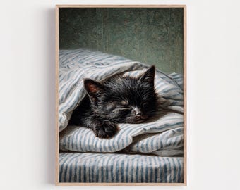 Sleeping Kitten Print, Blue Striped Bedding Art, Cozy Bedroom Decor, Gift For Cat Lover