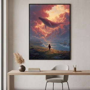 Impresión de arte surrealista, pintura surrealista onírica de ballena en el cielo / Decoración de pared imagen 3
