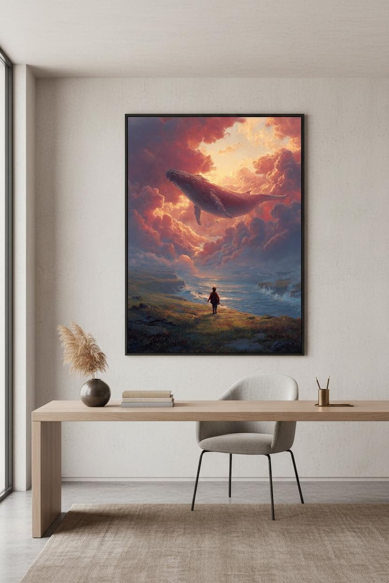 Impresión de arte surrealista, pintura surrealista onírica de ballena en el cielo / Decoración de pared imagen 3