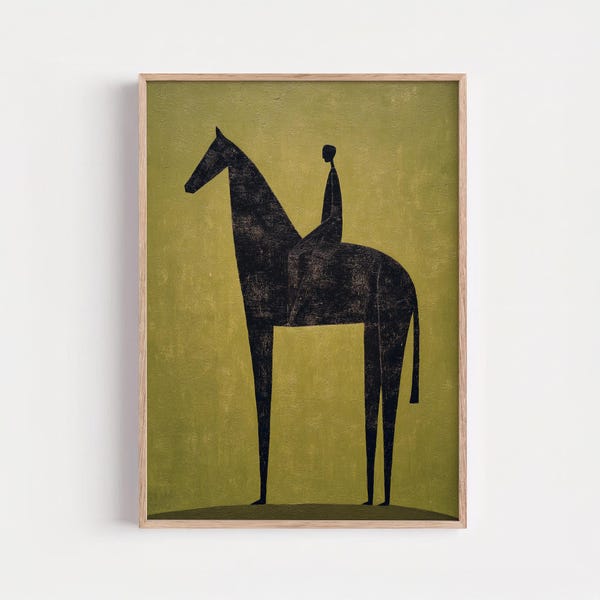Abstracte paardposter, minimalistische paardenprint, olijfgroene muurkunst, schilderij uit het midden van de eeuw