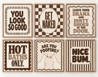 Funny Bathroom Wall Art Set of 6, Retro Brown Prints, Vintage Powder Room Decor, Bathroom Humor Posters