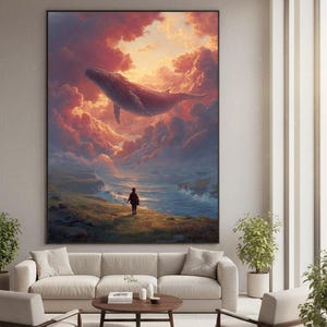 Impresión de arte surrealista, pintura surrealista onírica de ballena en el cielo / Decoración de pared imagen 5