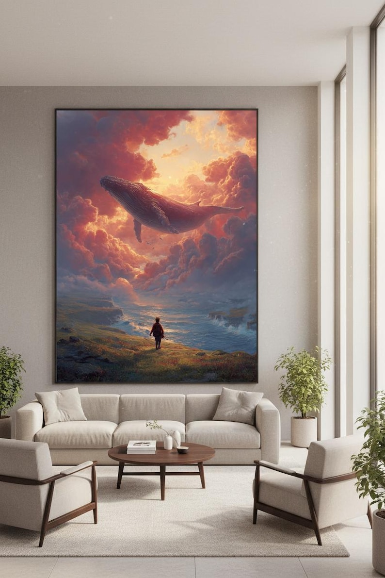 Impresión de arte surrealista, pintura surrealista onírica de ballena en el cielo / Decoración de pared imagen 5
