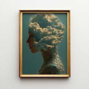 Perfil de mujer con nubes formando la cabeza, arte surrealista, póster de retrato onírico