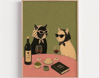 Funny Cat Wine Poster, Retro tWine Lover Gift, Funky Vintage Kitchen Decor