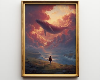 Impresión de arte surrealista, pintura surrealista onírica de ballena en el cielo / Decoración de pared