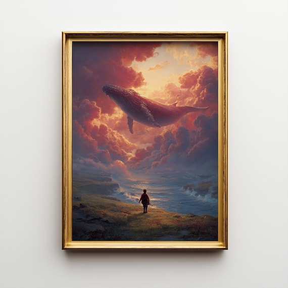 Surreal Art Print, Dreamlike Surreal Painting Whale in the Sky | Wall Decor