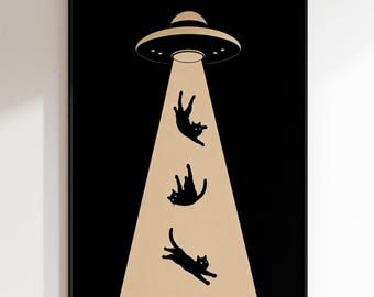 Funny UFO Cat Wall Art, Funky Alien Abduction Print, Minimalist Sci Fi Decor, Quirky Space Digital Download
