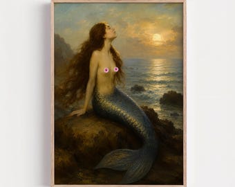 Fantasy Mermaid Print, Mythical Sea Decor, Romantic Coastal Artwork