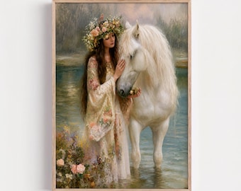 Fantasy Princess & White Horse Wall Art, Romantic Cottagecore Floral Poster