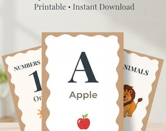 Nursery Wall Art Bundle, Alphabet Numbers Animals, Printable Kids Room Decor, Neutral Nursery Prints, Instant Download